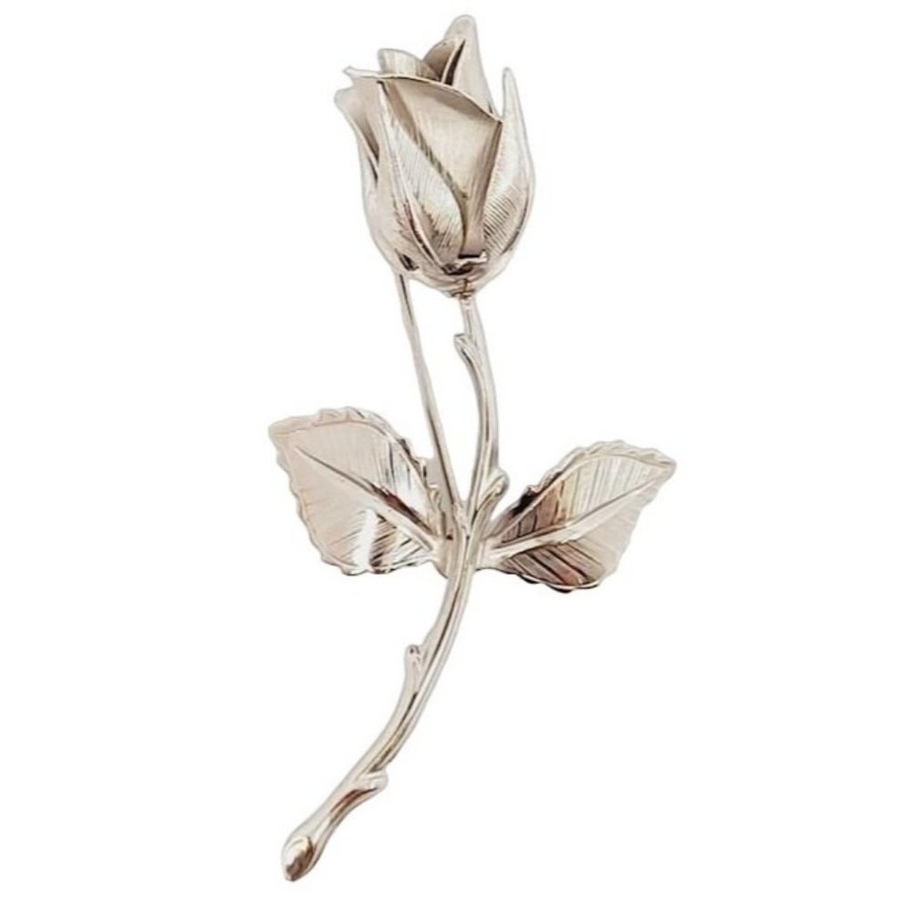 Giovanni 1960s Silver-Tone Long Stem Rose Pin